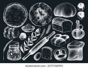 Vector collection of cooking ingredients, sweet products, and bread. Hand-drawn illustration for bakery, baking goods shop, recipes isolated on chalkboard. Vintage food sketches in engraved style