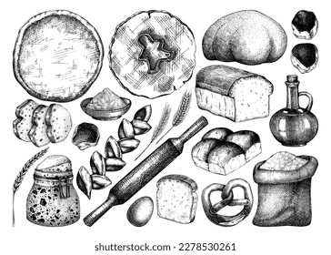 Vector collection of cooking ingredients, sweet products, pastries, and bread. Hand-drawn food illustrations for bakery, baking goods shop, cafe menu, and recipes book isolated on white background. 