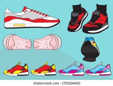 vector collection of cool sneakers; colorful collection of shoe vectors