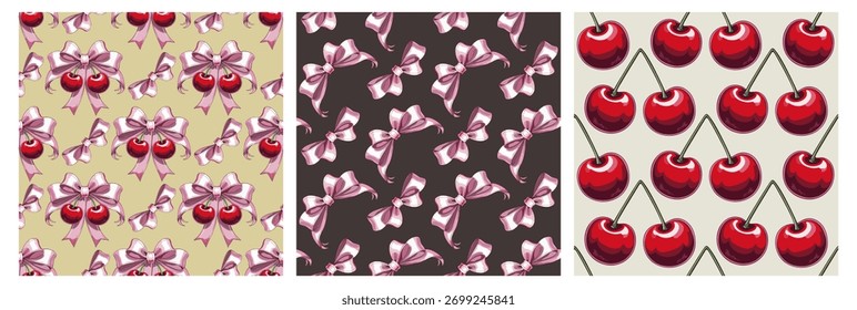 Vector collection of coquette seamless patterns with pink bows and red juicy cherries.