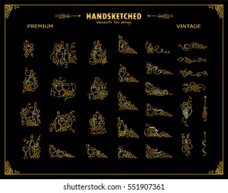 Vector collection of corners, arrows, vignette in vintage style. Hand drawn grapes, wine bottles and glasses sketch collection. Template for frames, borders, logotype, cards, menu. Premium gold style