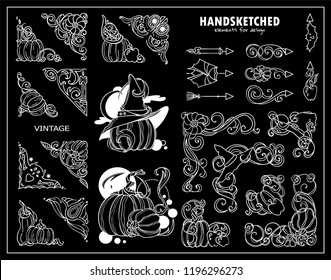 Vector collection of corners, dividers, frames in vintage style. Halloween autumn elements – abstract pumpkins, witch hats, candles, bat, broom, owl, apples. Black and white, chalkboard 