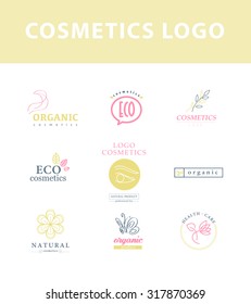 Vector collection of cosmetics logo identity templates. Natural and eco product label. Organic cosmetics and health care insignia.