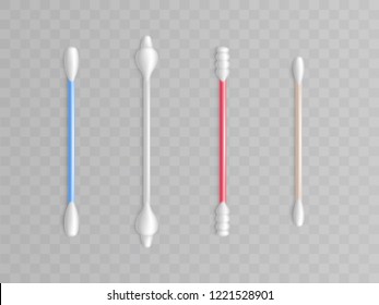 Vector collection of cotton buds - different forms and types for cleanliness. Realistic toiletries, bathroom object. Healthcare, makeup accessory. Swab on stick, plastic rod. Cosmetic tools.