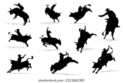 vector collection of Cowboy and bull, silhouettes and shadows. Grunge bull and matador, vector 