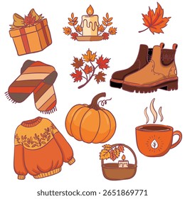 Vector Collection of Cozy Autumn Essentials – Includes Pumpkin, Sweater, Scarf, Boots, Leaves, Hot Drink, Candle, Gift Box, and Fall Basket. Perfect for Seasonal and Holiday Design Themes