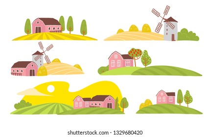 Vector collection of cozy farm landscape view: house, garden, trees, field, haystack, windmill isolated on white background. Flat hand drawn style. For label, farmer market illustration, banner, logo.