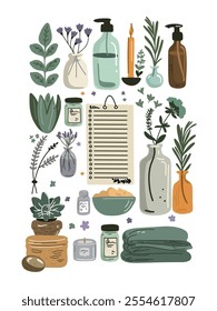Vector collection of cozy home decor and household essentials: shopping list, towels, candles, pillows, and dispensers