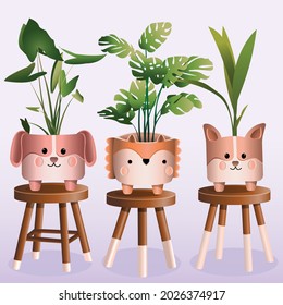 
Vector collection of the creative animal house plant pot, cute dog Hedgehog,flower vase stand home decore pot.