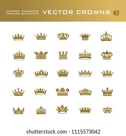 Vector collection of creative king and queen crowns symbols or logo elements. Set of Geometric vintage crown