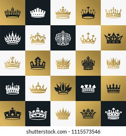 Vector collection of creative king and queen crowns symbols or logo elements. Set of Geometric vintage crown