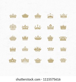 Vector collection of creative king and queen crowns symbols or logo elements. Set of Geometric vintage crown