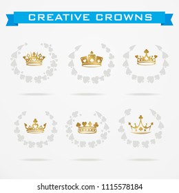Vector collection of creative king and queen crowns symbols or logo elements. Set of Geometric vintage crown
