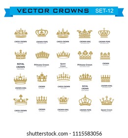 Vector collection of creative king and queen crowns symbols or logo elements. Set of Geometric vintage crown