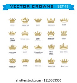 Vector collection of creative king and queen crowns symbols or logo elements. Set of Geometric vintage crown