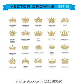 Vector collection of creative king and queen crowns symbols or logo elements. Set of Geometric vintage crown