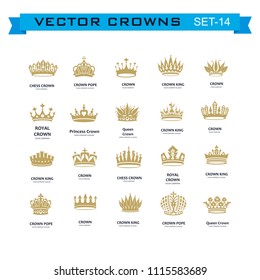 Vector collection of creative king and queen crowns symbols or logo elements. Set of Geometric vintage crown