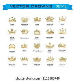 Vector collection of creative king and queen crowns symbols or logo elements. Set of Geometric vintage crown