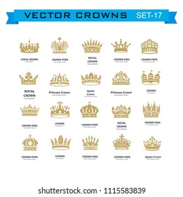 Vector collection of creative king and queen crowns symbols or logo elements. Set of Geometric vintage crown