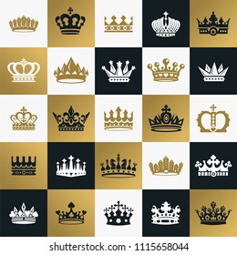 Vector collection of creative king and queen crowns symbols or logo elements. Set of Geometric vintage crown