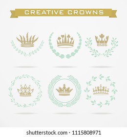 Vector collection of creative king and queen crowns symbols or logo elements. Set of Geometric vintage crown