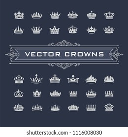 Vector collection of creative king and queen crowns symbols or logo elements. Set of Geometric vintage crown