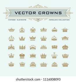Vector collection of creative king and queen crowns symbols or logo elements. Set of Geometric vintage crown