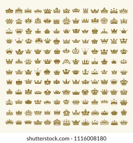 Vector collection of creative king and queen crowns symbols or logo elements. Set of Geometric vintage crown