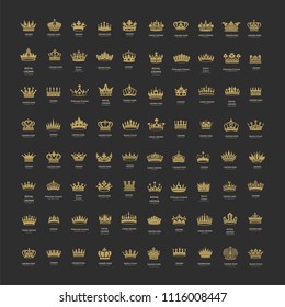 Vector collection of creative king and queen crowns symbols or logo elements. Set of Geometric vintage crown