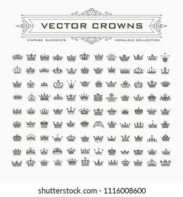 Vector collection of creative king and queen crowns symbols or logo elements. Set of Geometric vintage crown