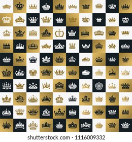 Vector collection of creative king and queen crowns symbols or logo elements. Set of Geometric vintage crown