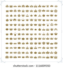 Vector collection of creative king and queen crowns symbols or logo elements. Set of Geometric vintage crown