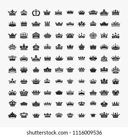 Vector collection of creative king and queen crowns symbols or logo elements. Set of Geometric vintage crown