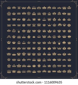 Vector collection of creative king and queen crowns symbols or logo elements. Set of Geometric vintage crown