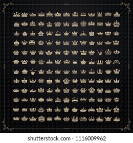 Vector collection of creative king and queen crowns symbols or logo elements. Set of Geometric vintage crown