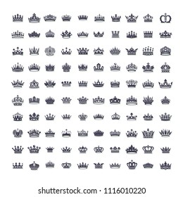 Vector collection of creative king and queen crowns symbols or logo elements. Set of Geometric vintage crown