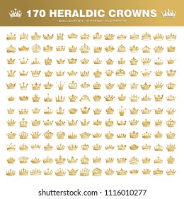 Vector collection of creative king and queen crowns symbols or logo elements. Set of Geometric vintage crown