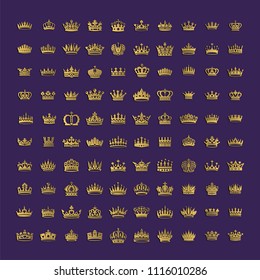 Vector collection of creative king and queen crowns symbols or logo elements. Set of Geometric vintage crown