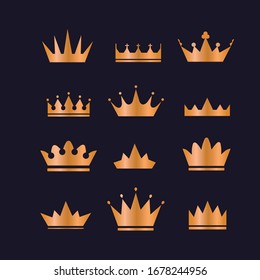 Vector collection of creative king and queen crowns symbols or logo elements. Illustration of a set of gold crowns 