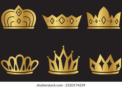 Vector collection of creative king and queen crowns symbols or logo elements. Set of Geometric vintage crown, Realistic golden king or queen crown of gold, vector isolated 3D. Prince or princess crown