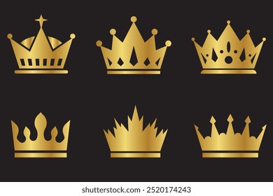 Vector collection of creative king and queen crowns symbols or logo elements. Set of Geometric vintage crown, Realistic golden king or queen crown of gold, vector isolated 3D. Prince or princess crown