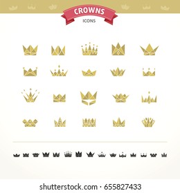 Vector collection of creative king and queen crowns symbols or logo elements. Set of Geometric vintage crown