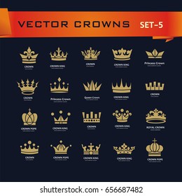 Vector collection of creative king, queen, princess, pope crowns symbols or logo elements. Set of Geometric vintage crown