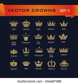 Vector collection of creative king, queen, princess, pope crowns symbols or logo elements. Set of Geometric vintage crown