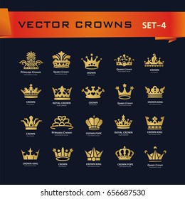 Vector collection of creative king, queen, princess, pope crowns symbols or logo elements. Set of Geometric vintage crown