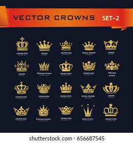 Vector collection of creative king, queen, princess, pope crowns symbols or logo elements. Set of Geometric vintage crown