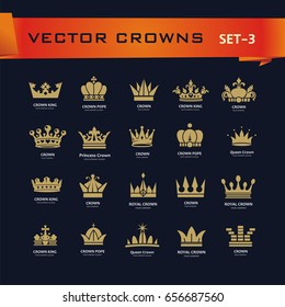 Vector collection of creative king, queen, princess, pope crowns symbols or logo elements. Set of Geometric vintage crown