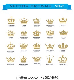 Vector collection of creative king, queen, princess, pope crowns symbols or logo elements. Set of Geometric vintage crown