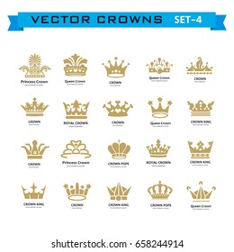 Vector collection of creative king, queen, princess, pope crowns symbols or logo elements. Set of Geometric vintage crown