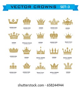 Vector collection of creative king, queen, princess, pope crowns symbols or logo elements. Set of Geometric vintage crown